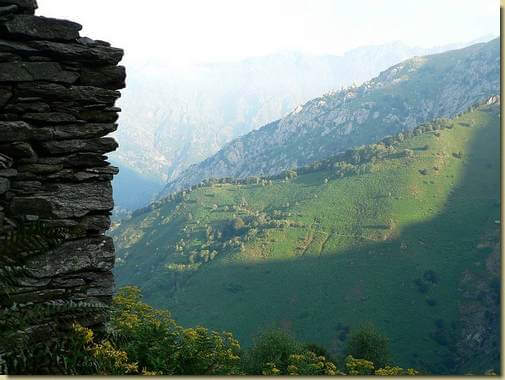 dal Pisard - i prati della Soliva, in alto il bosco di Soliva superiore, in basso quello di Soliva inferiore con la traccia che porta a Corte Morgin. In secondo piano  la cresta ovest della Marona